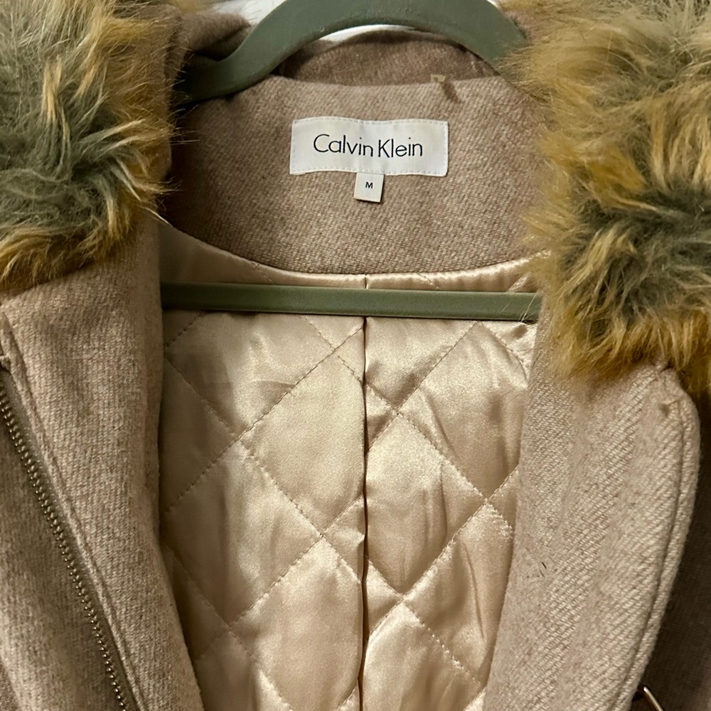 Calvin Klein Beige Teddy Jacket with Faux Fur Trim
